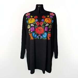 NWOT Sabaku Artwear Womens 1X Black 3/4 Sleeve FLOWER Shirt Huipil Southwest Art